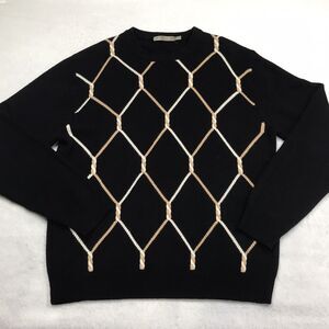 RAFFI Cashmere Sweater Men L Black Jacquard Rope Twist Crew Neck Australia